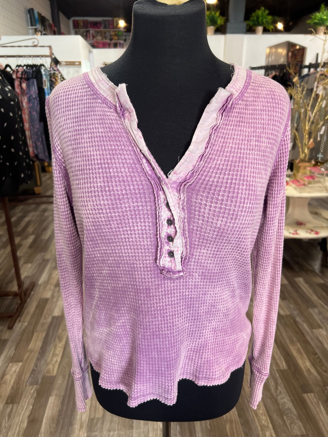 Lilac Washed Baby Waffle Henley Neckline Long Sleeve Top