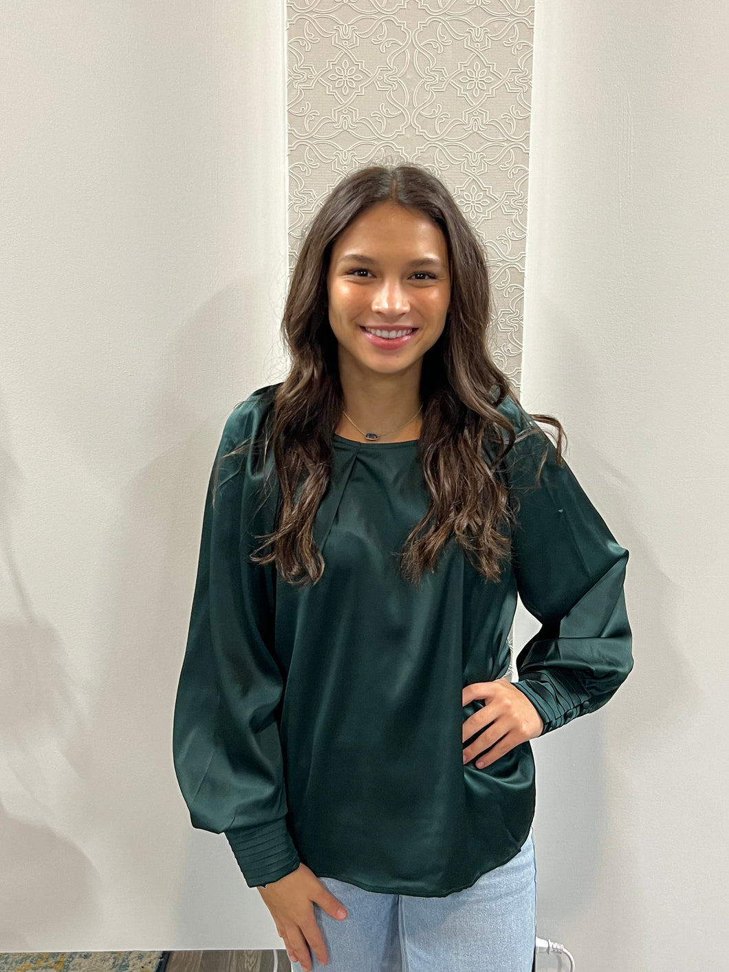 Hunter Green Long Buttoned Bishop Sleeve Top