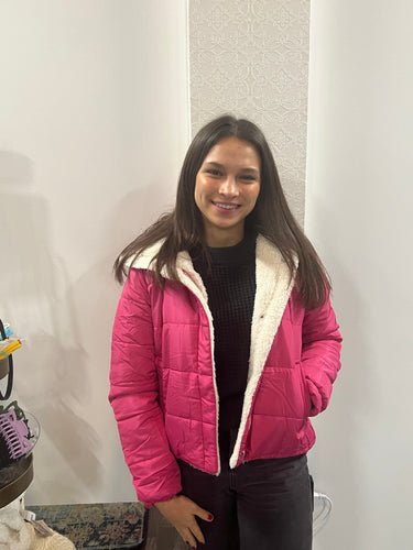 Women's Hot Pink Long Sleeve Inside Faux Fur Hoodie Puffer Jacket
