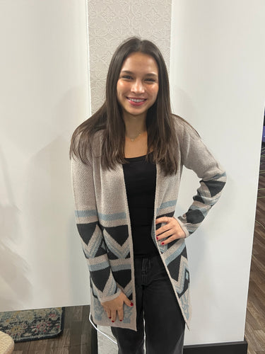 Women's Long Sleeve Gray Southwest Print Cardigan Sweater