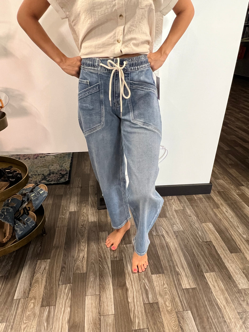 Vervet High Rise Elastic Waistband Wide Barrel Jeans