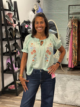 Load image into Gallery viewer, Women's Short Sleeve V-Neck Front Tie Embroidery Floral Blouse
