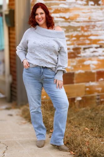 Gray Pom Pom off the Shoulder Sweater - Athena's Fashion Boutique