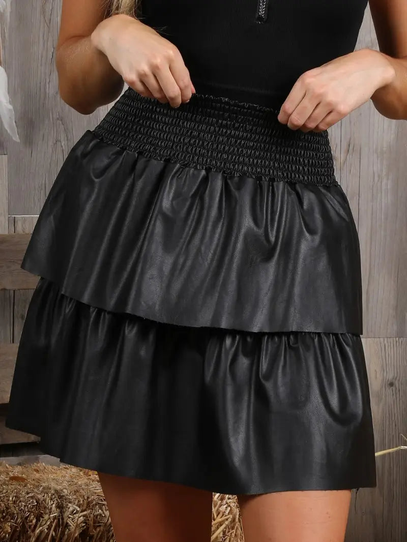 Faux Leather Layered Smocking Waist Skirt - Athena's Fashion Boutique