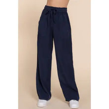 Load image into Gallery viewer, Navy Elastic Waist Tencel Long Pants
