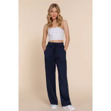 Load image into Gallery viewer, Navy Elastic Waist Tencel Long Pants
