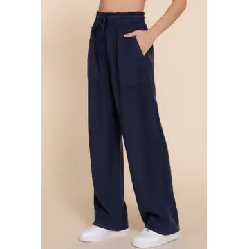 Navy Elastic Waist Tencel Long Pants