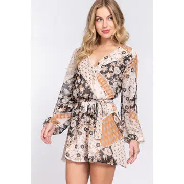 Black and Camel Long Sleeve V-Neck Surplice Belted Print Woven Romper