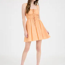 Load image into Gallery viewer, Apricot Front Tie Gathered Waist Sleeveless Mini Dress
