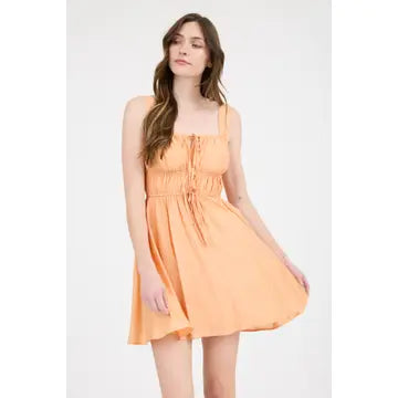 Apricot Front Tie Gathered Waist Sleeveless Mini Dress