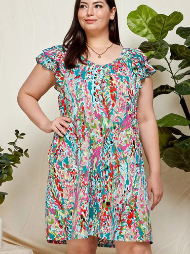 Women's Plus Size Multi Floral Ruffled Midi Dress with Pockets