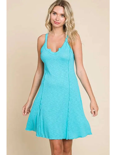 Aqua Tiny Notch Neck Merrow Mini Dress