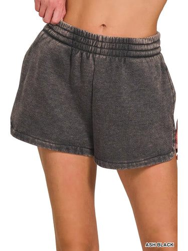 Ash Black Acid Wash Elastic Waistband Fleece Dolphin Shorts