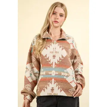 Aztec Printed Henley Woven Pullover Top