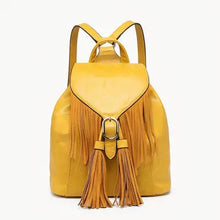 Load image into Gallery viewer, Mustard Jewel Fringe Bucket Backpack Distressed Vegan Bag
