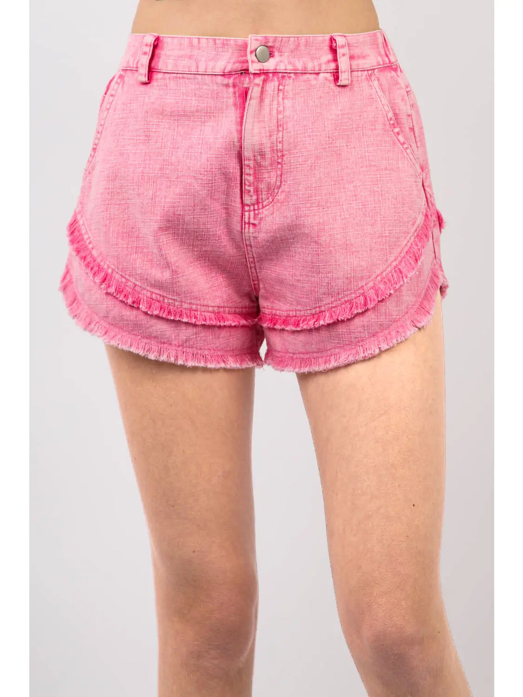 Pink Frayed Layered Washed Cotton Twill Denim Shorts - Athena's Fashion Boutique