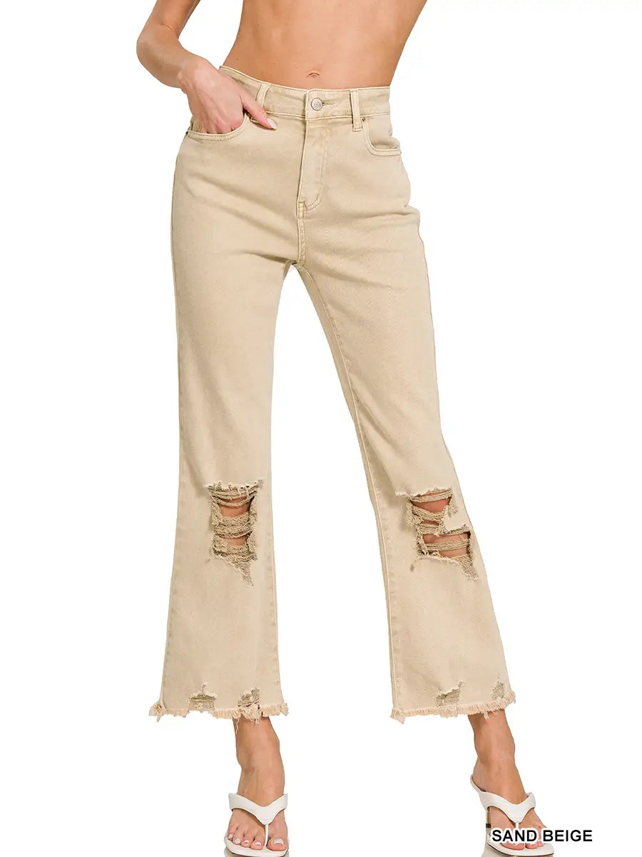 Beige Acid Washed High Waist Distressed Straight Pants (Copy) - Athena's Fashion Boutique