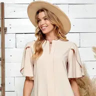 Beige Women Solid Petal Flutter Sleeve Loose Blouse