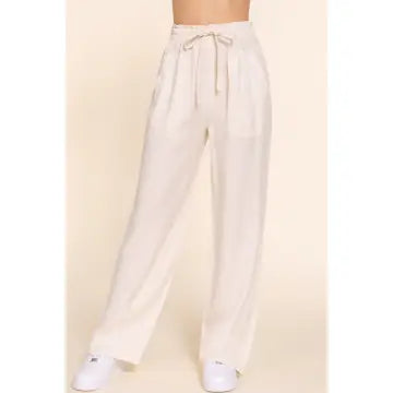 Beige Elastic Waist Tencel Long Pants