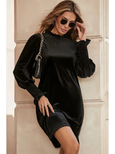 Load image into Gallery viewer, Black Velvet Frill Neck Long Sleeve Shift Dress - Athena&#39;s Fashion Boutique
