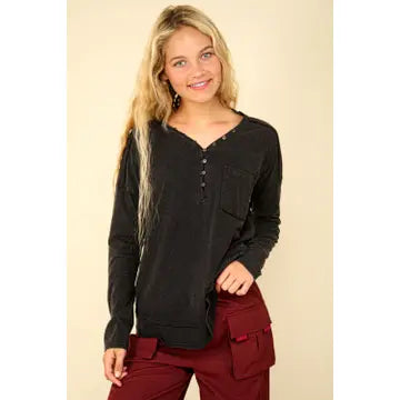 Black Mineral Washed Cotton Comfy Knit Top