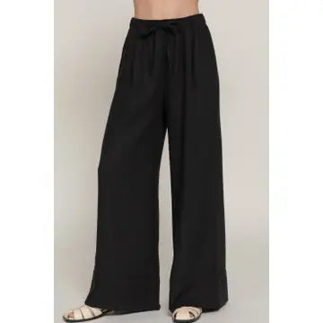 Black Waist Band with String Linen Effect Palazzo Pants