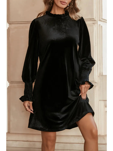 Black Velvet Frill Neck Long Sleeve Shift Dress - Athena's Fashion Boutique
