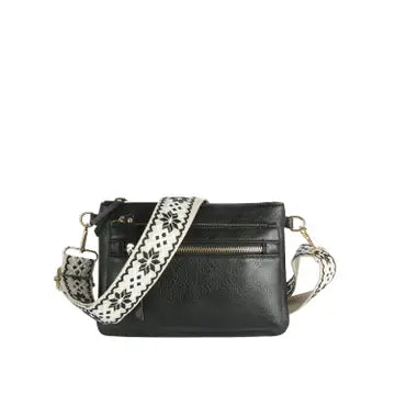 Black Multi Zip Pocket Crossbody with Guitar Strap