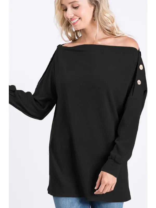 Black Off One Sholder Button Top