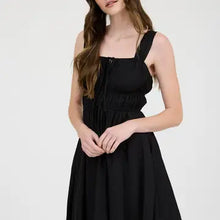 Load image into Gallery viewer, Black Front Tie Gathered Waist Sleeveless Mini Dress
