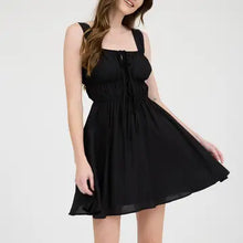 Load image into Gallery viewer, Black Front Tie Gathered Waist Sleeveless Mini Dress
