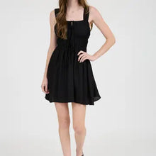 Load image into Gallery viewer, Black Front Tie Gathered Waist Sleeveless Mini Dress
