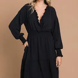 Black Surplice Ruffle Trim Dress - Athena's Fashion Boutique