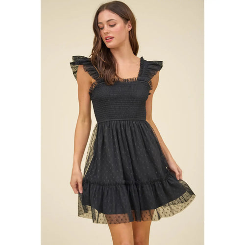 Polka Dot Chiffon Smocked Ruffle Detail Mini Dress