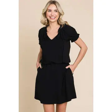 Black Raglan Sleeve Frill Mini Flare Dress