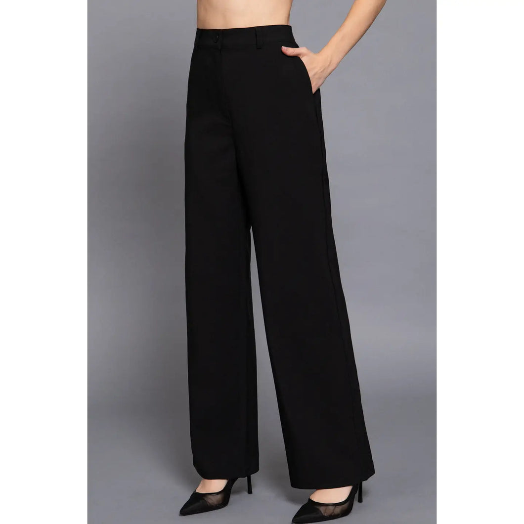 Black One Button Back Elastic Detail Straight Woven Long Pants