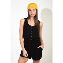 Load image into Gallery viewer, Black Metal Snap Button Down Romper with Pockets
