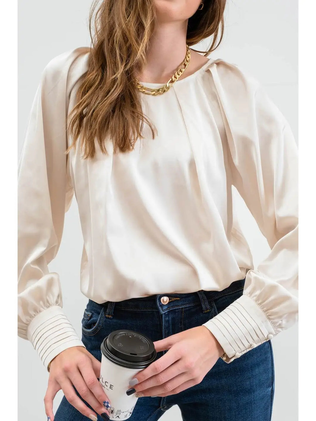 Cream Long Buttoned Bishop Sleeve Top