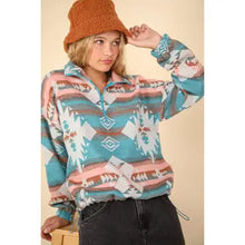 Load image into Gallery viewer, Teal Aztec Printed Henley Woven Pullover Jacket
