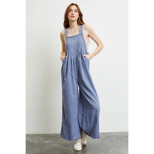 Plus Blue Soft Corduroy Easy Overall Wide-Leg Jumpsuit