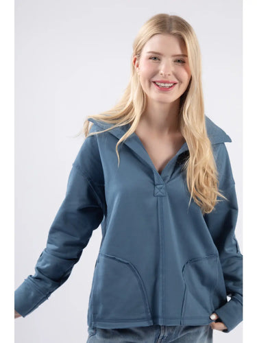 Blue Oversized Collared Fleece Knit Sweater - Athena's Fashion Boutique