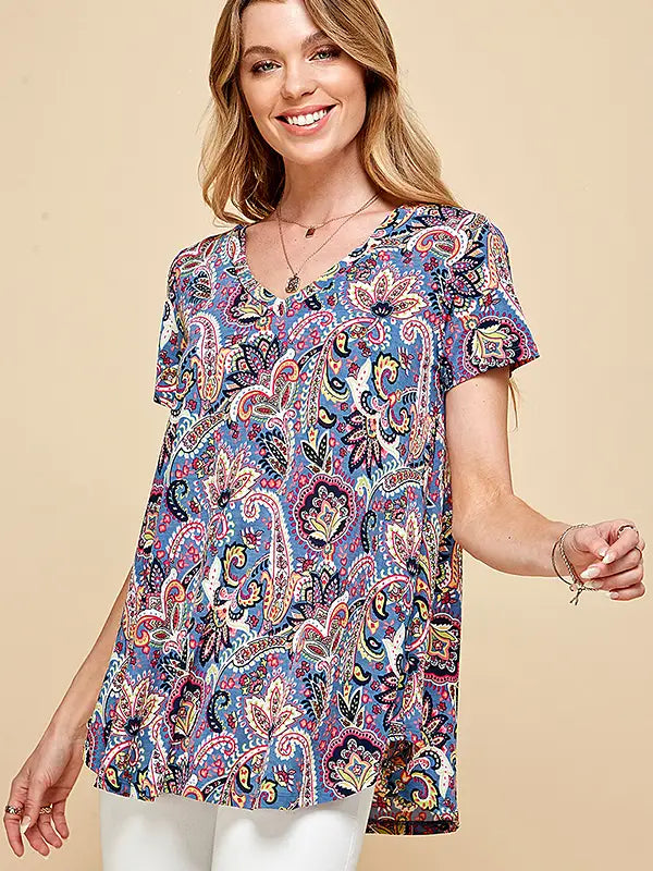 Blue Women Short Sleeve Paisley Top