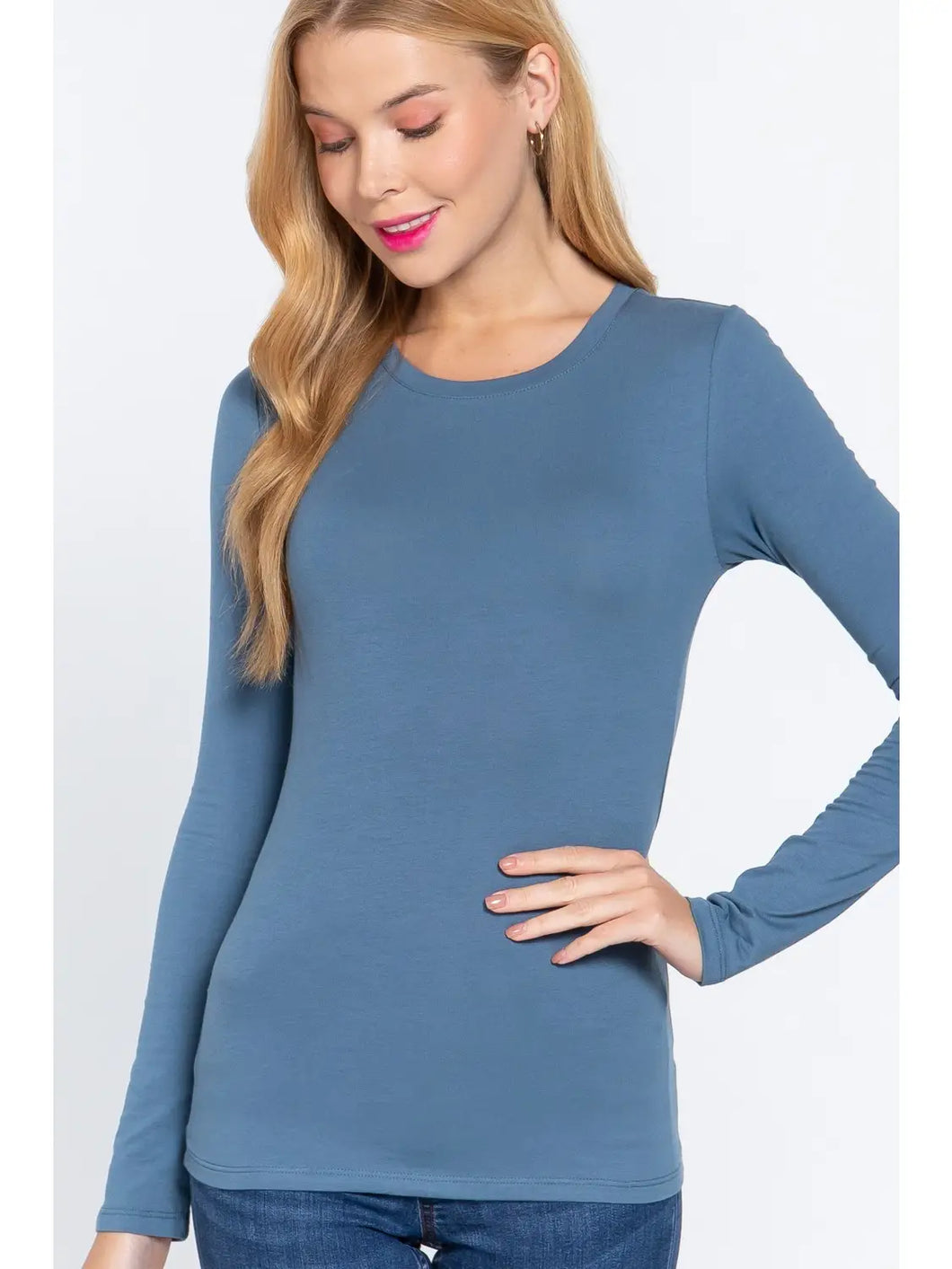 Denim Blue Long Sleeve Crew Neck Cotton Spandex Jersey Top