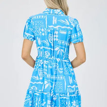 Load image into Gallery viewer, Blue Line Art Print Short Puff Sleeve Mini Dress
