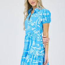 Load image into Gallery viewer, Blue Line Art Print Short Puff Sleeve Mini Dress
