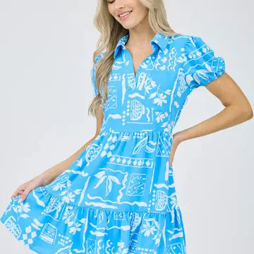 Blue Line Art Print Short Puff Sleeve Mini Dress