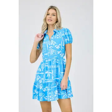 Blue Line Art Print Short Puff Sleeve Mini Dress