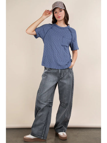 Blue Solid Casual Knit Top with Patch Pocket