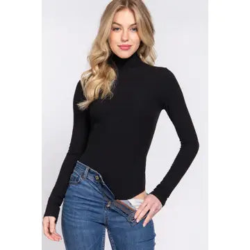 Black Long Sleeve Turtle Neck Rayon Rib Bodysuit