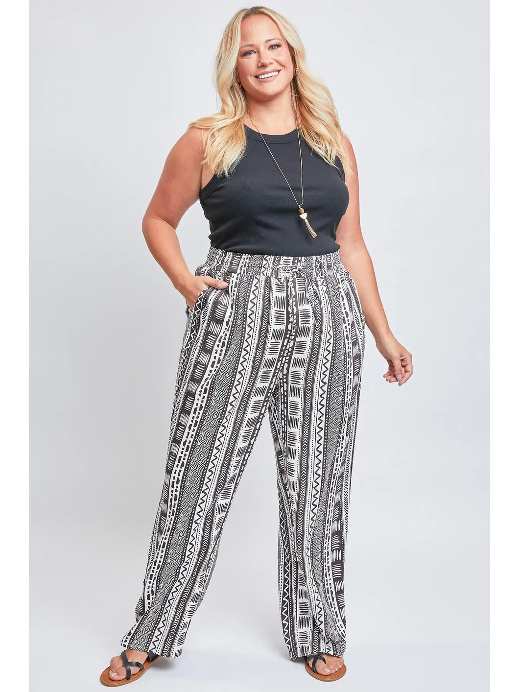 Missy Plus Linen Elastic Waist Pant with Slit Hem